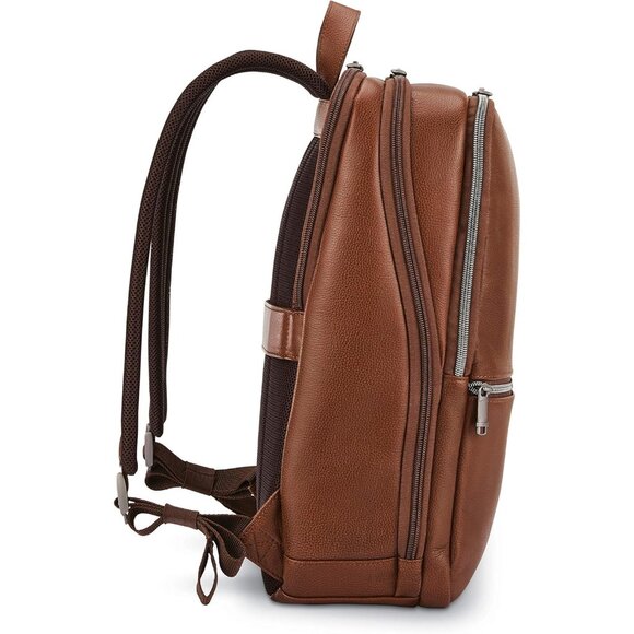 Men's Cognac Classic Leather Slim Imported Zipper Nylon Laptop Pocket Backpack - Picture 4 of 8